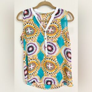 TINLEY Women's Sheer Notch Collar Button Top Mid Century Modern Aztec Boho Large